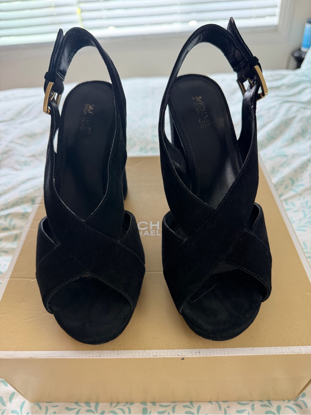Michael Kors Becky Platform Black Suede Crisscross Wedge Sandals